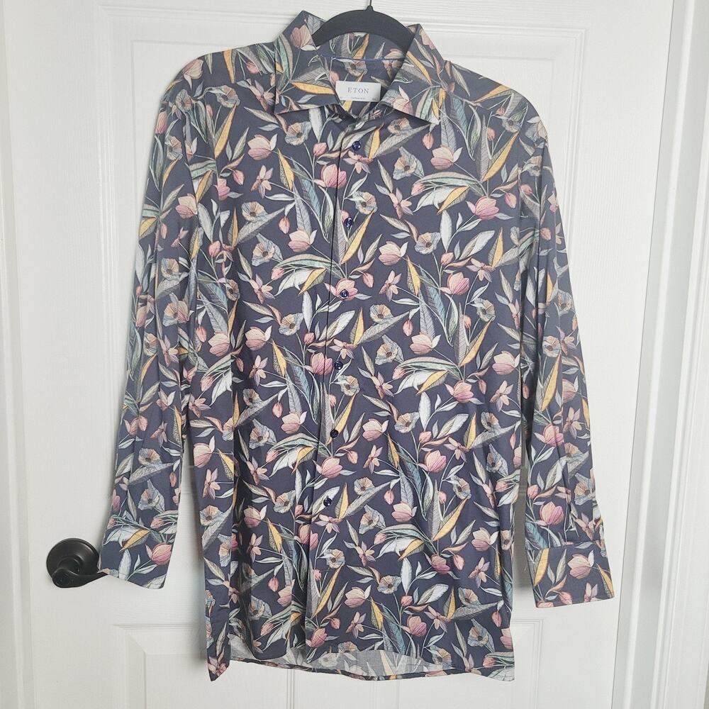Eton Shirt Mens 16.5 42 Gray Floral Print Long Sleeve Button Front Contemporary